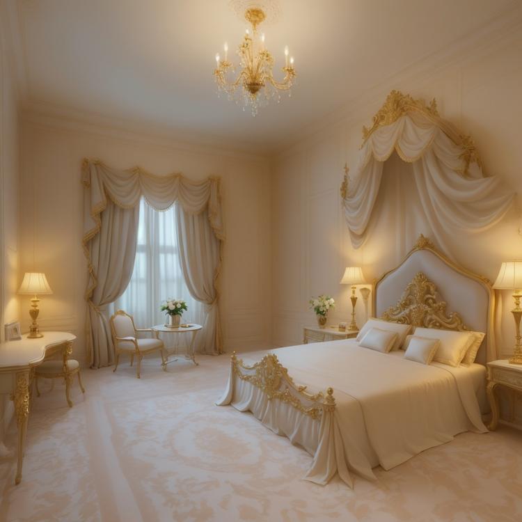 A royal white bedroom, 2 separate beds, cream-colored bedding, gold-colored lamps by the beds, glow in the dark