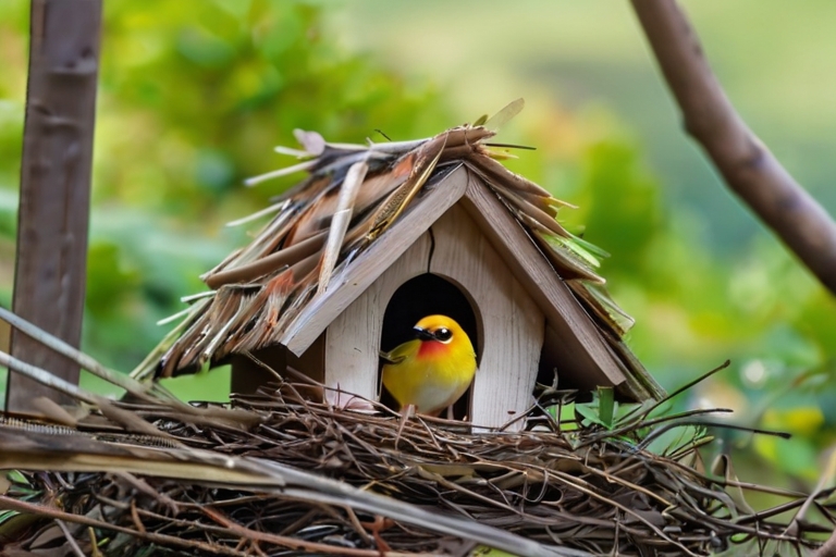 A beautiful bird is inside the nest which looks like a house with a roof and next to the nest there is a fence with colorful vegetation