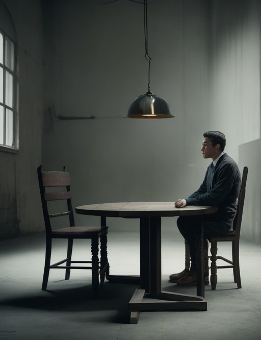 On one side an empty chair, on the other side a man, in the middle of a table