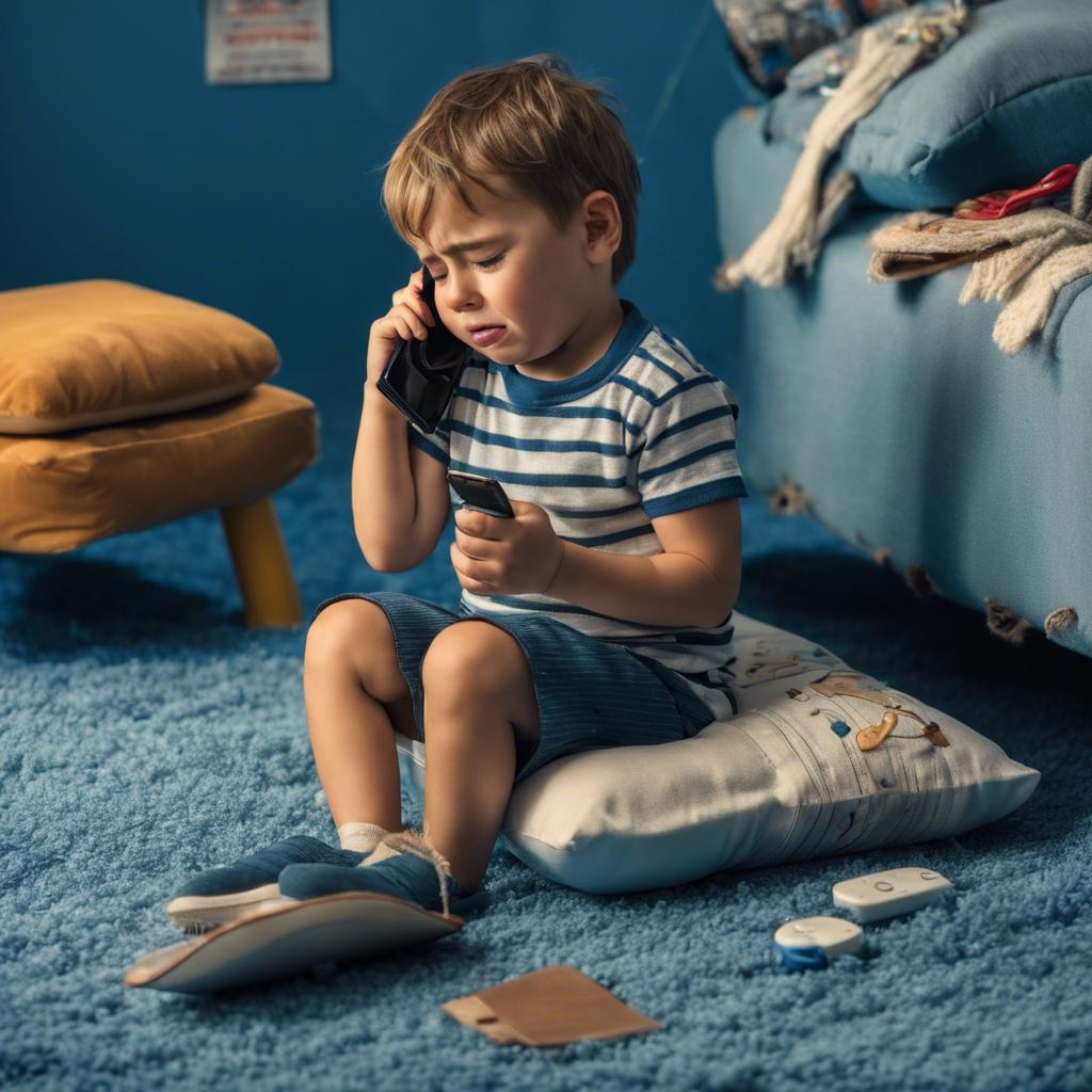 SD_XL_ילד קטן בוכה לאימא שלו בטלפון שהוא יושב על שטיח כחול וכרית ומסבבו הכל משחקים 