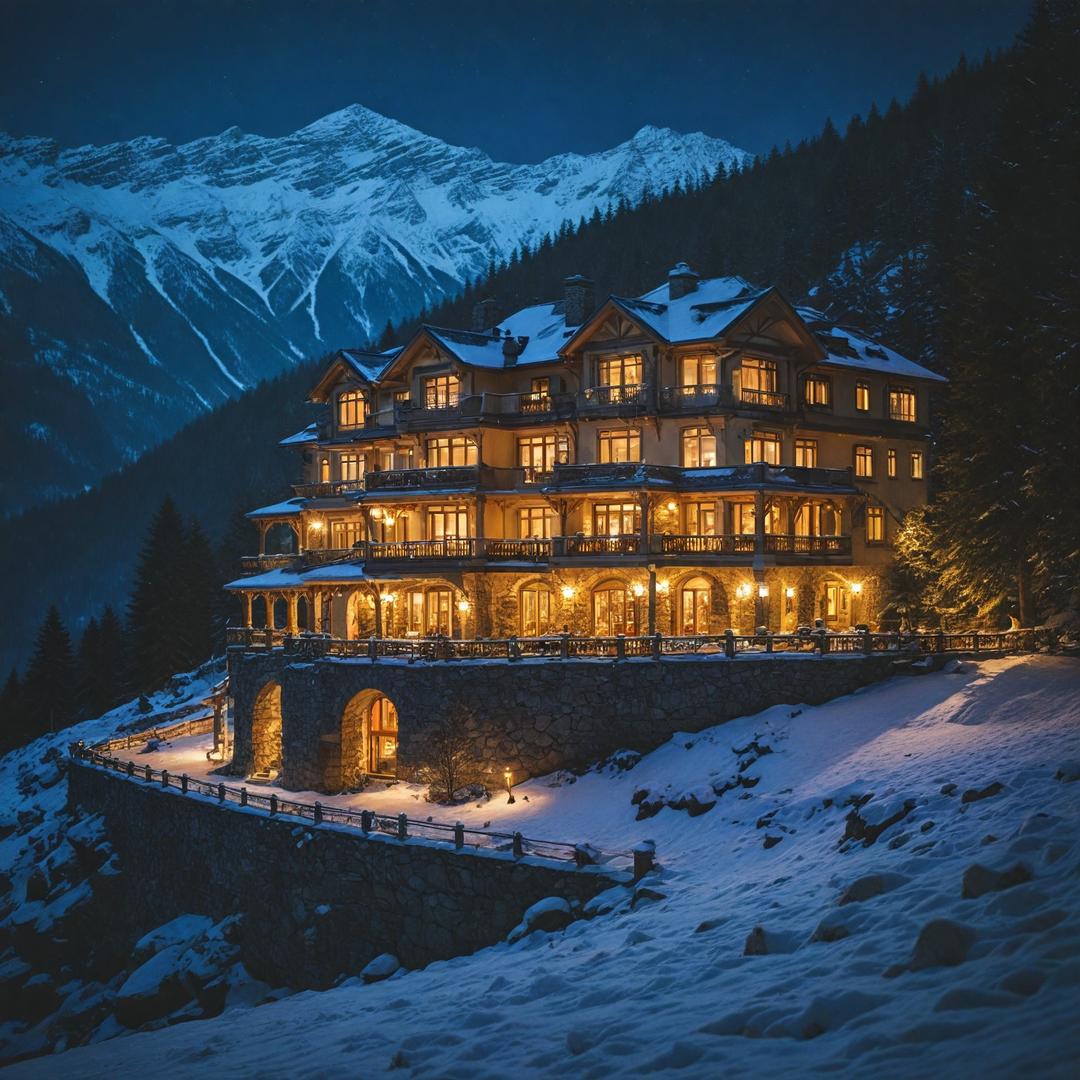 A snowy night, a sprawling mansion on top of a snowy mountain, green lawns and a blue lake, a transparent 3-level apartment, lit with dim yellowish lights, and decorated with gold