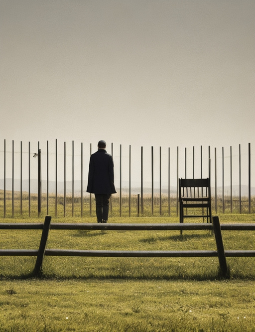 A fence separates a standing person from an empty chair