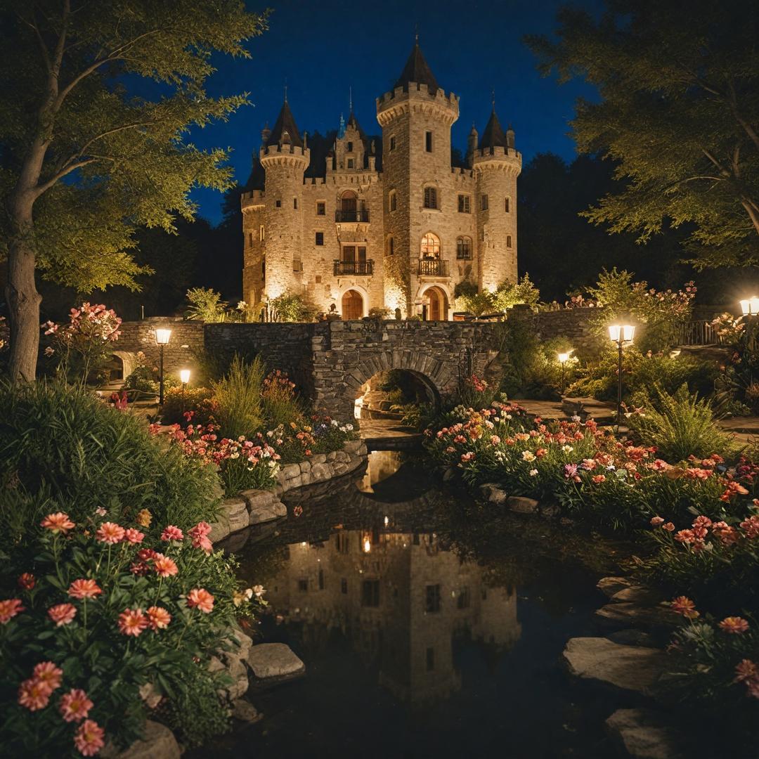 Night view, a modern 5-story castle, decorated with vegetation and colorful flowers, in the courtyard of a tiny stream that leads to a small lake with a fountain and colorful lighting, and above it a small bridge