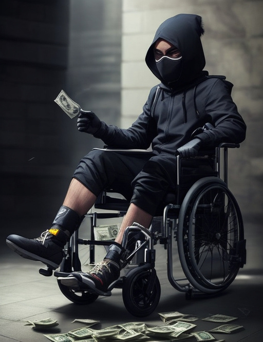 Masked thief with money, sitting on a wheelchair with a raised leg