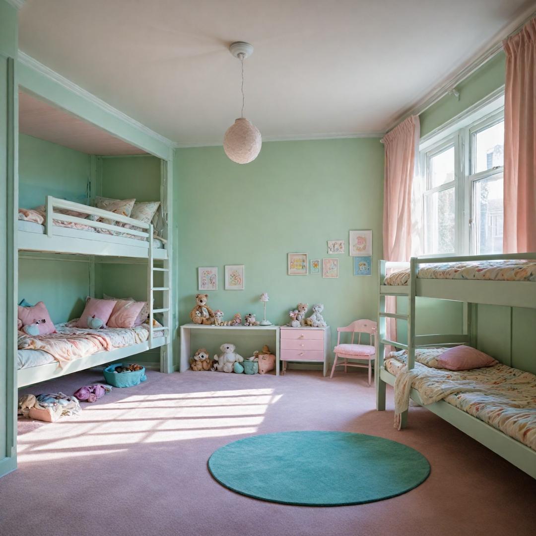 A huge and spacious children's room, walls in ice cream colors: light green, light pink, light blue, light mocha, light pastel colored carpet, matching curtain and bunk bed.