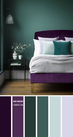 This may contain: a bedroom with green walls and purple bedding in the middle, white pillows on top
