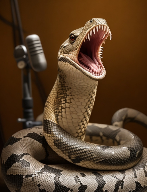A snake sings a song with a microphone