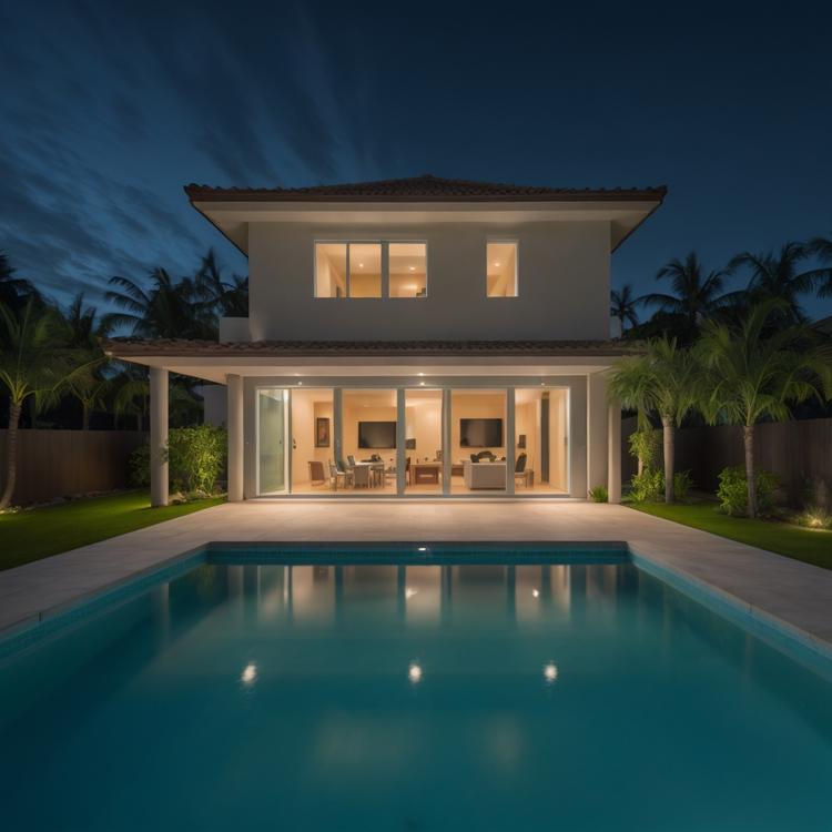 A 2-story villa at night, dim lights from inside the house, a bench in the yard, a pool with a small waterfall, blue light around the roof