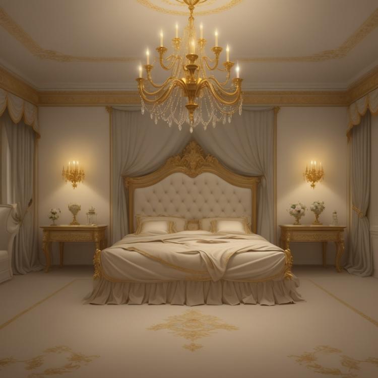 Royal bedroom in the dark, 2 separate beds, cream-colored bedding, 2 gold-colored lamps - lit next to the beds