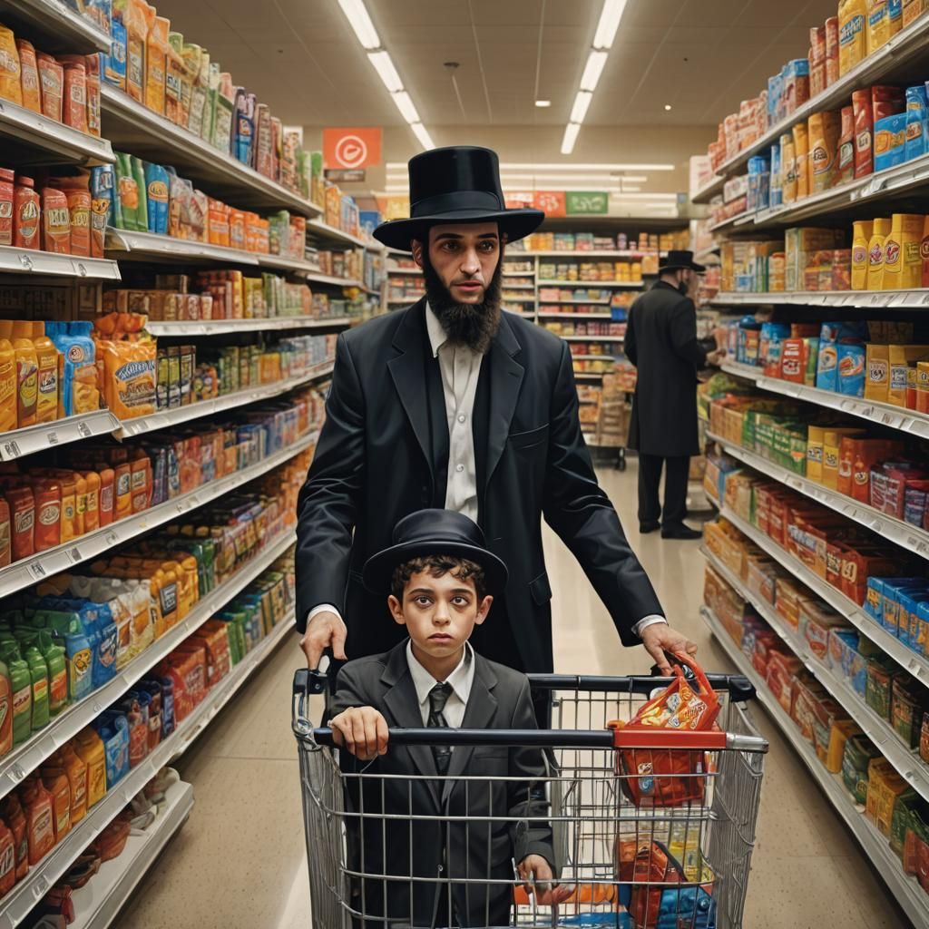 A Hasidic Jewish father goes shopping at the supermarket, the boy doesn't want to leave until we buy him candy, when the...