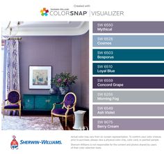 This may contain: the color scheme for this living room is blue and purple