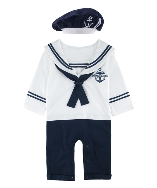 יילוד תינוק נערי ילדה סיילור חיל הים סגנון Romper פעוט ליל כל הקדושים 100% כותנה ביריות סרבל תינוקות פלטה עם כובע Playsuit