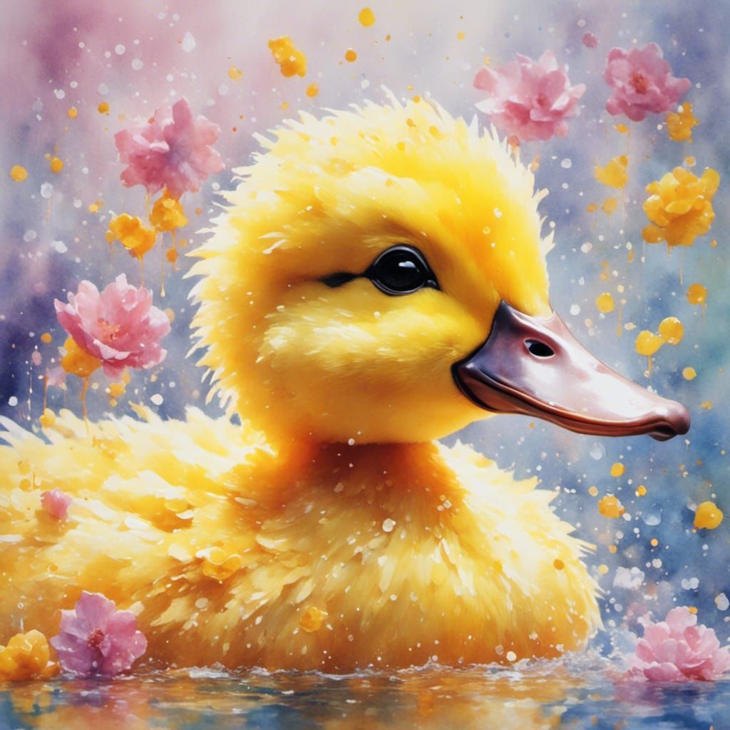 a watercolor painting of a small yellow duck, with cute doting eyes, in love, very cute,