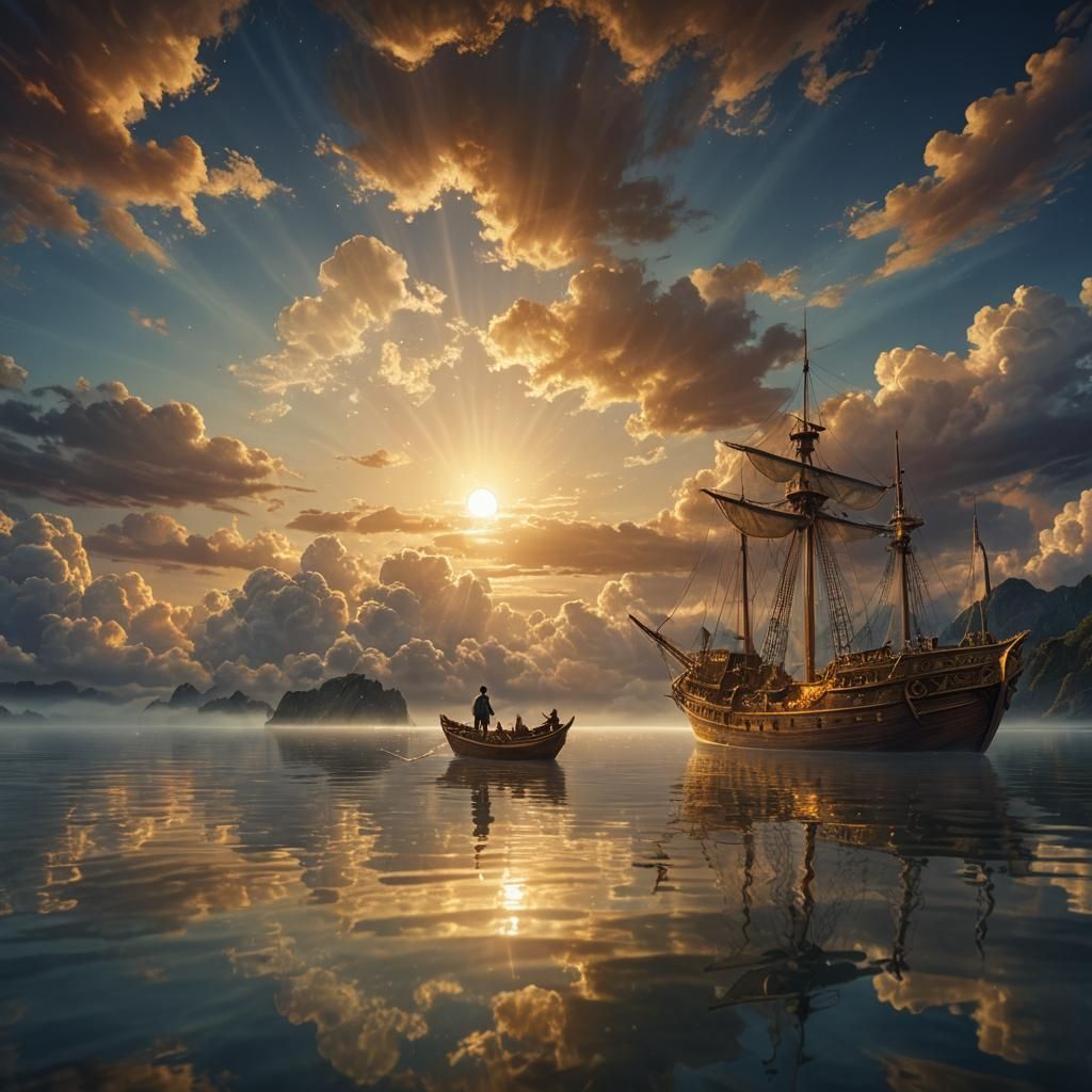 A man from a wooden ship sees his reflection in the water of a golden ocean during the night time, and find his reflecti...