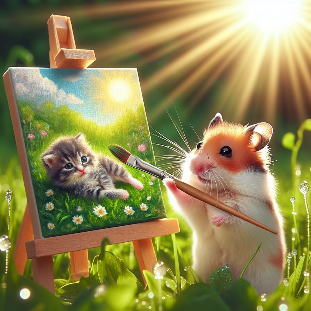 A cute hamster-painter draws a cute cat on the grass