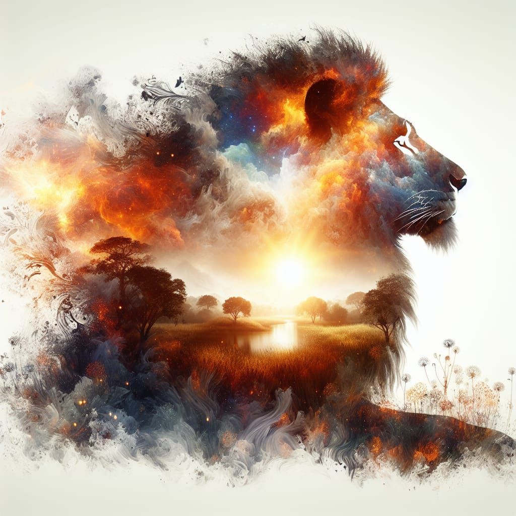 Double exposure silhouette of a lion, high levels, white background, the inner world of the lion, intricately detailed,...