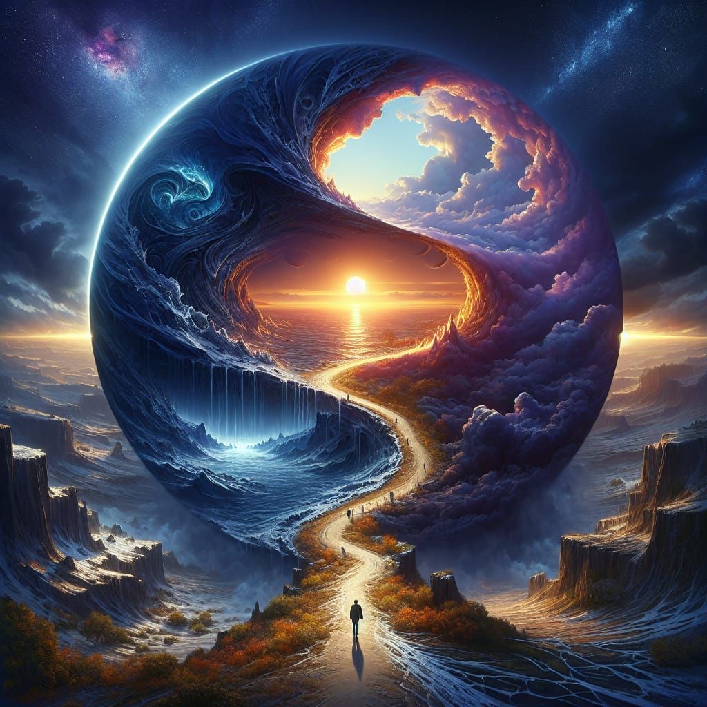 A surreal artwork depicting a scene within a cracked open semi-circular world. In the world there is a stormy sea and a ...