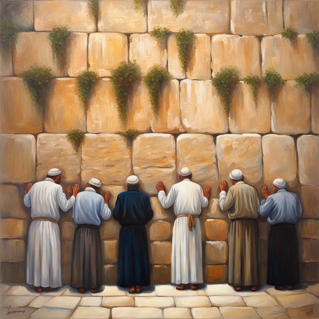 An exciting oil painting of men praying at the Western Wall