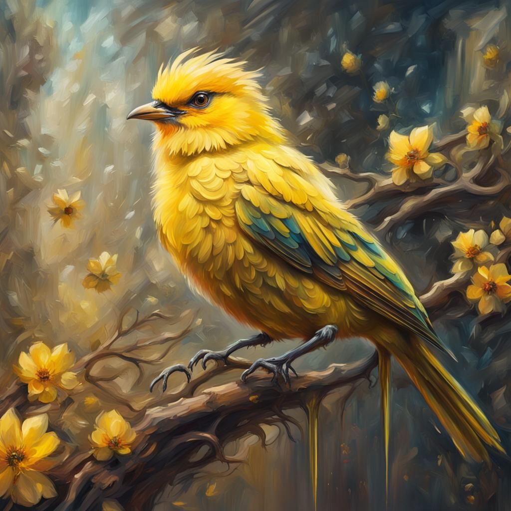 ציור שמן יצירתי של ציפור צהובה, פסטל
