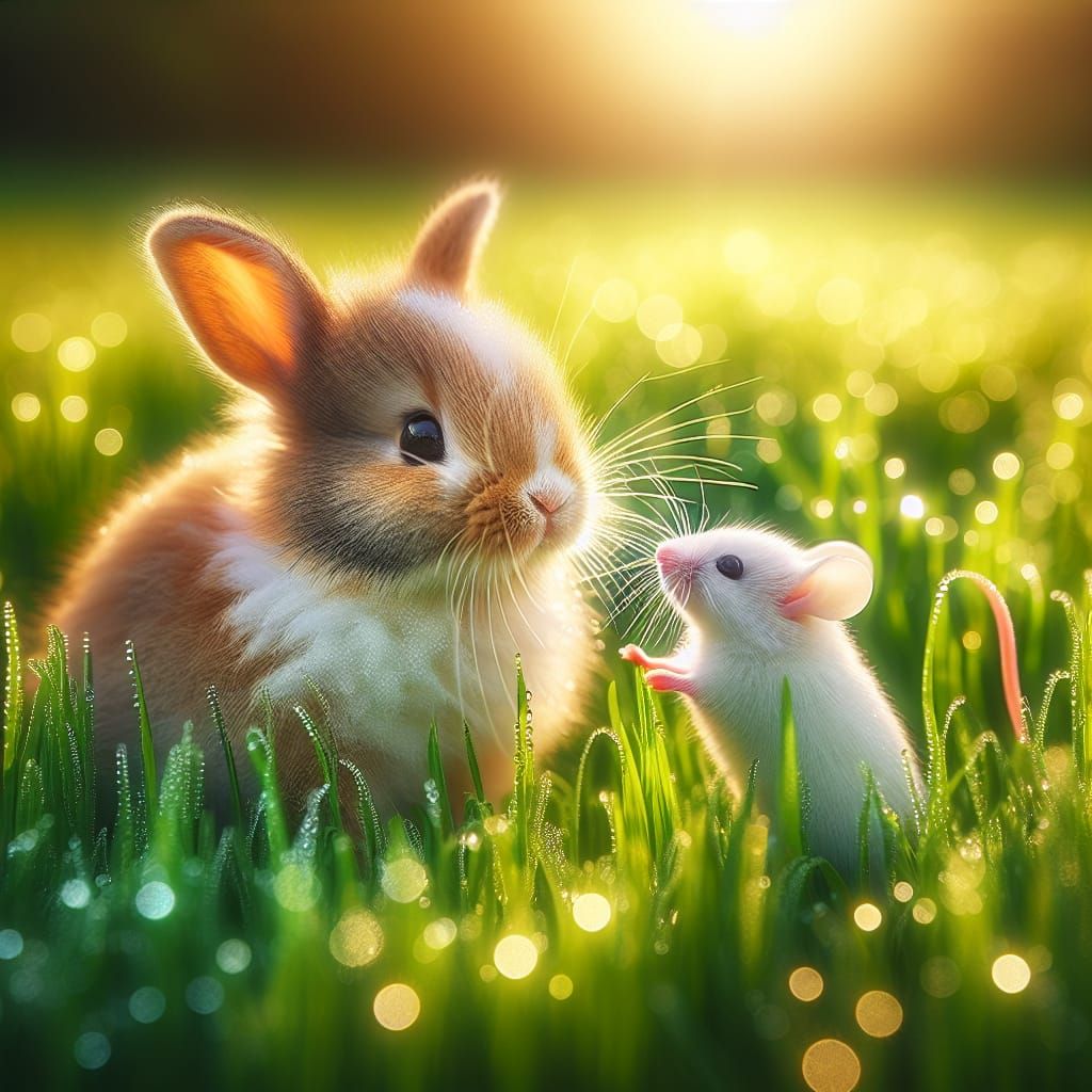 Super cute rabbit petting a white mouse on the grass, dew drops on the grass, sunlight