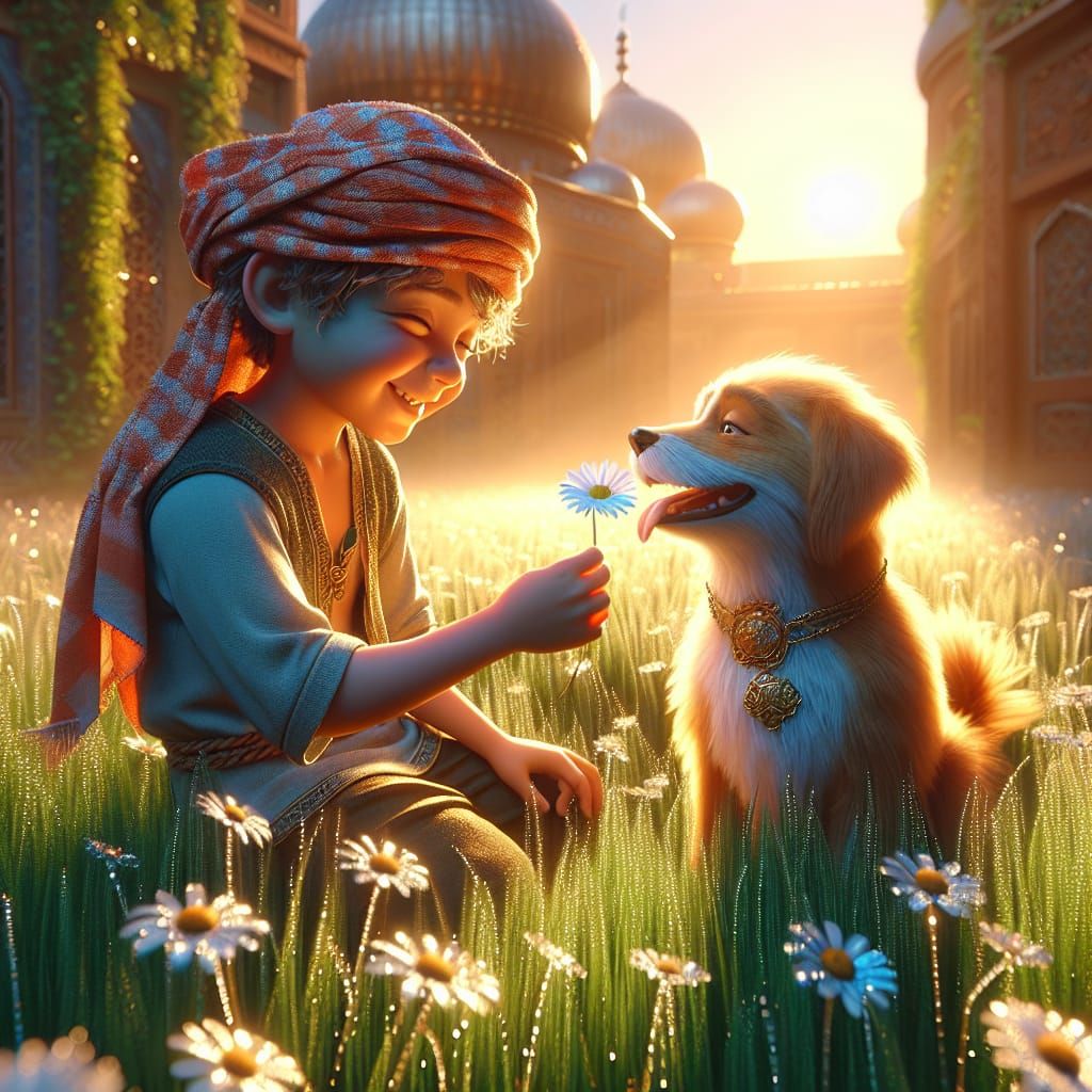 A smiling and super cute boy caresses a super cute dog and gives him a daisy, dew drops on the grass, sunlight.