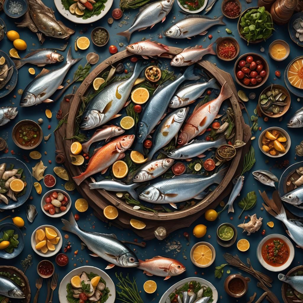 A table full of whole fish, looking over.
