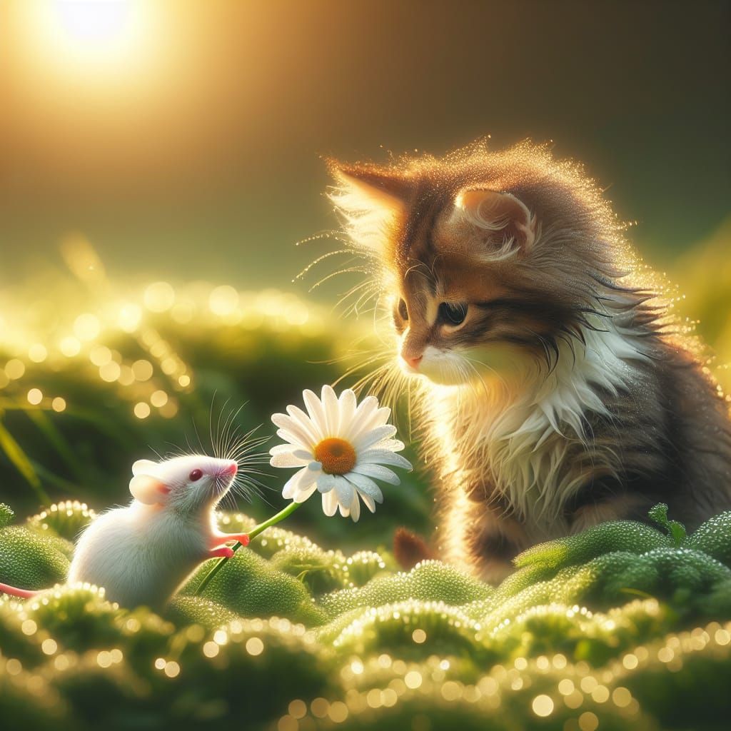A super cute cat was given a daisy by a white mouse on the grass.