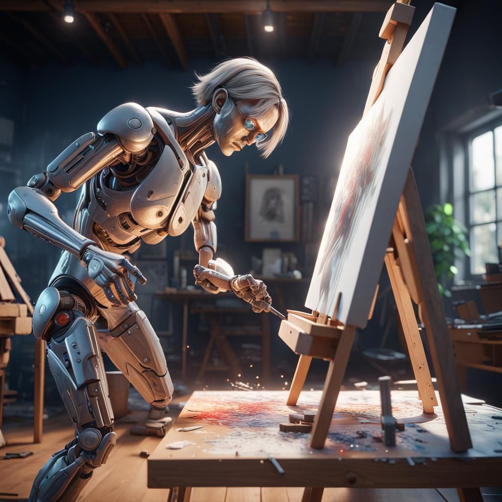 Motion blur image of Ai changing artist while doing his work on an easel