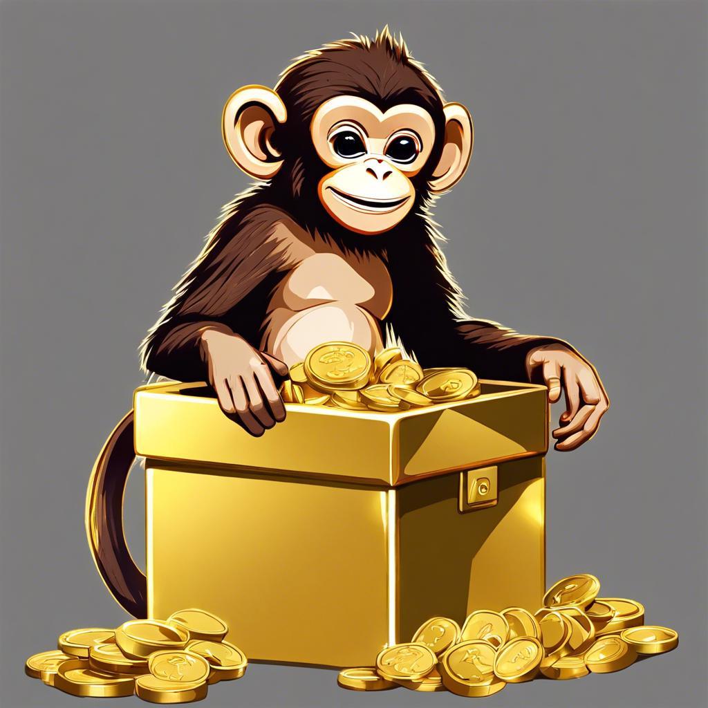 SD_XL_קוף הוכל מטבעות זהב מתוך תיבה נוצצת והקוף מחייך חיוך רחב 