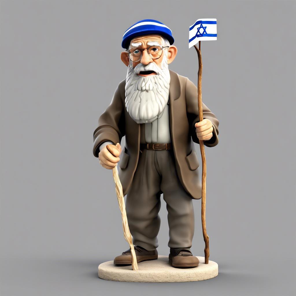 SD_XL_איש זקן, בצורת מדינת ישראל,עם כיפה יהודית,מחזיקה במקל,ללא רקע, ללא רקע,דגם מוקטן, תלת מימד